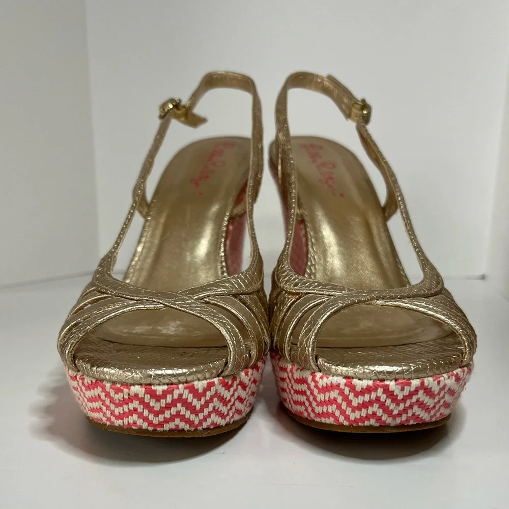 Lilly Pulitzer Sophie Pink and Gold Chevron Slingback Open Toe Strappy Wedges 6M